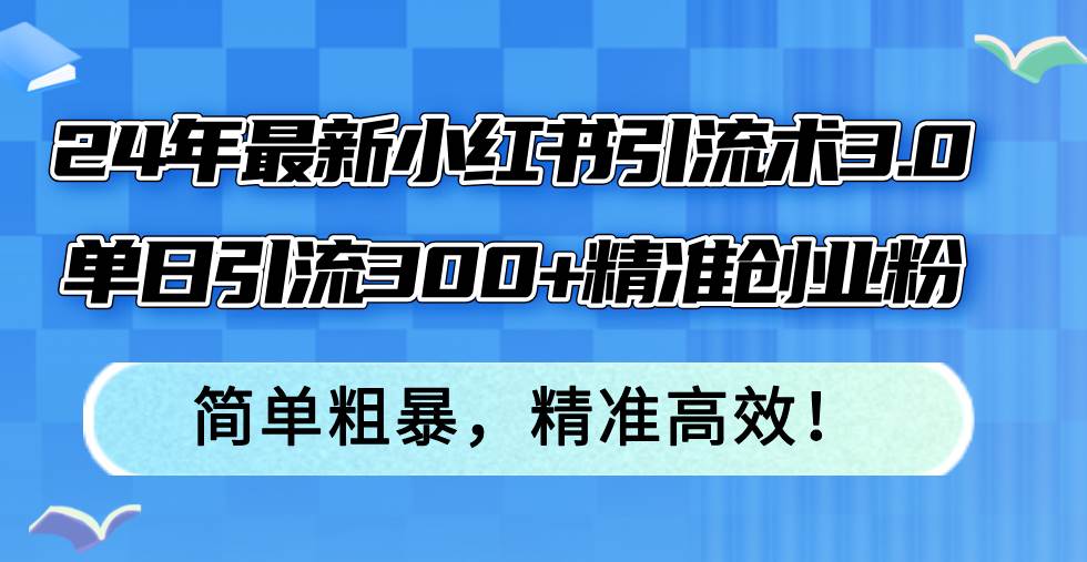 24年最新小红书引流术3.0，单日引流300+精准创业粉，简单粗暴，精准高效！-最新项目